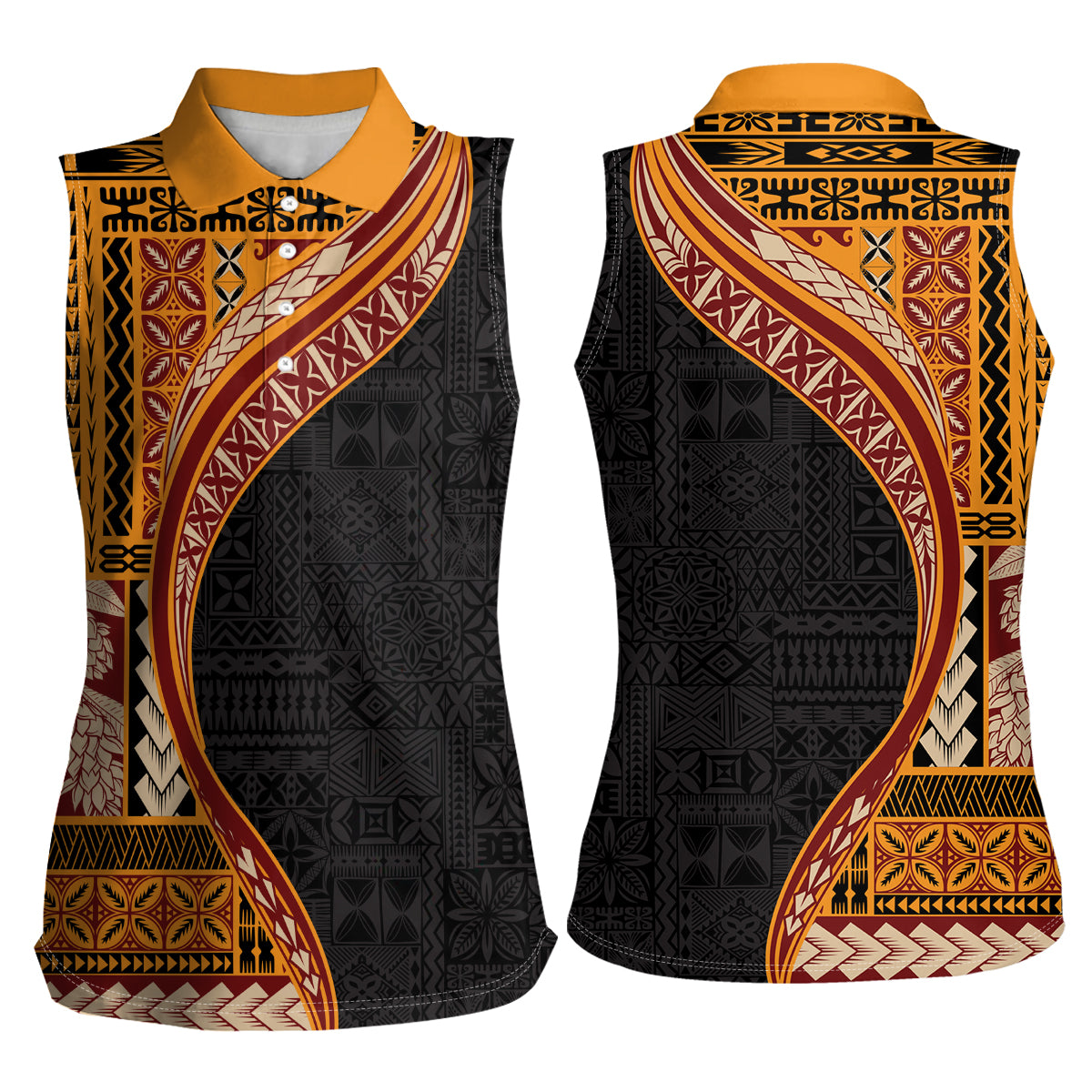 Samoa Siapo Motif and Tapa Pattern Half Style Women Sleeveless Polo Shirt Yellow Color