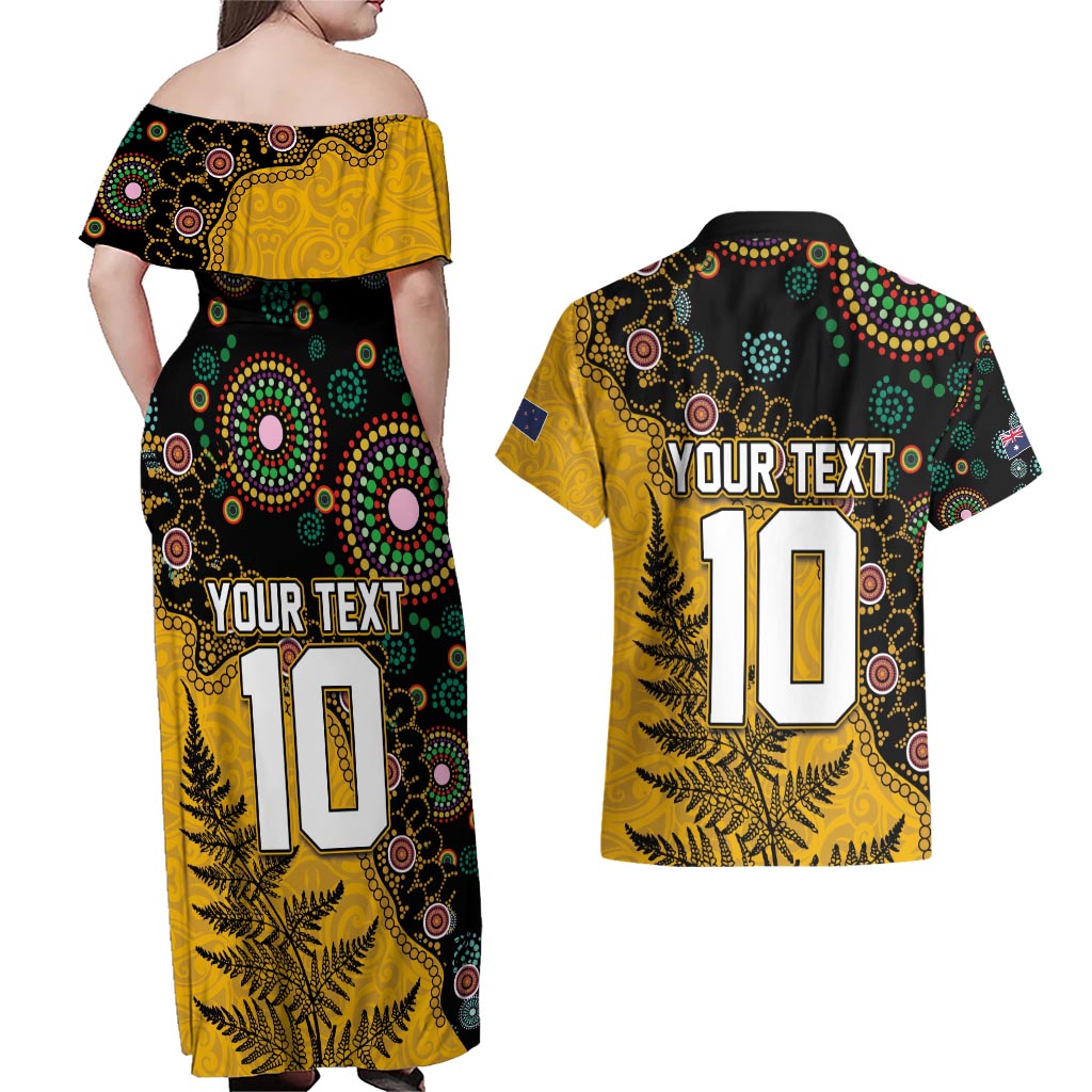 Custom New Zealand and Australia Rugby Couples Matching Off Shoulder Maxi Dress and Hawaiian Shirt Maori Warrior With Aboriginal Version