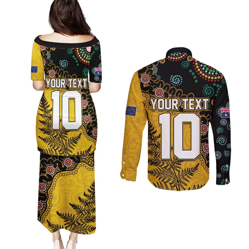 Custom New Zealand and Australia Rugby Couples Matching Puletasi and Long Sleeve Button Shirt Maori Warrior With Aboriginal Version
