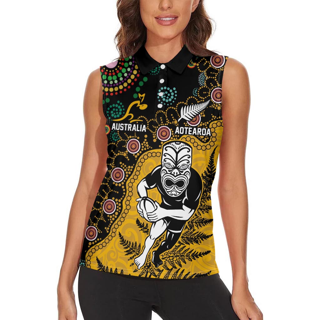 Custom New Zealand and Australia Rugby Women Sleeveless Polo Shirt Maori Warrior With Aboriginal Version
