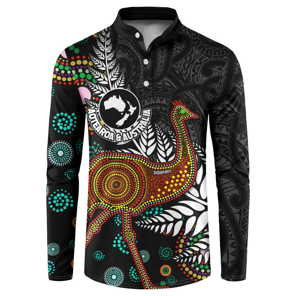 New Zealand Fern and Australia Emu Button Sweatshirt Aboriginal Mix Maori Pattern