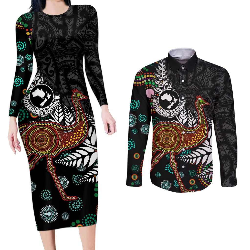 New Zealand Fern and Australia Emu Couples Matching Long Sleeve Bodycon Dress and Long Sleeve Button Shirt Aboriginal Mix Maori Pattern