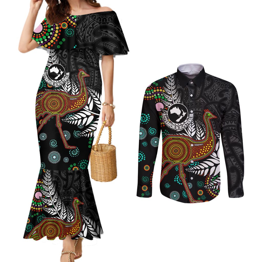 New Zealand Fern and Australia Emu Couples Matching Mermaid Dress and Long Sleeve Button Shirt Aboriginal Mix Maori Pattern
