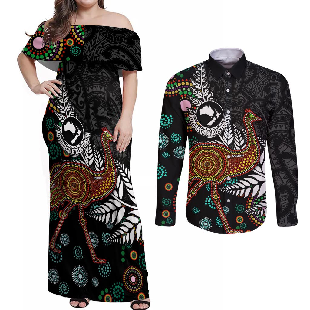 New Zealand Fern and Australia Emu Couples Matching Off Shoulder Maxi Dress and Long Sleeve Button Shirt Aboriginal Mix Maori Pattern