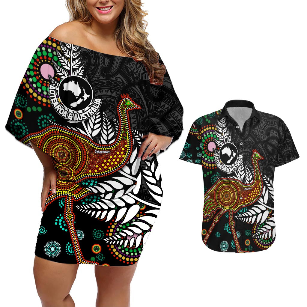 New Zealand Fern and Australia Emu Couples Matching Off Shoulder Short Dress and Hawaiian Shirt Aboriginal Mix Maori Pattern