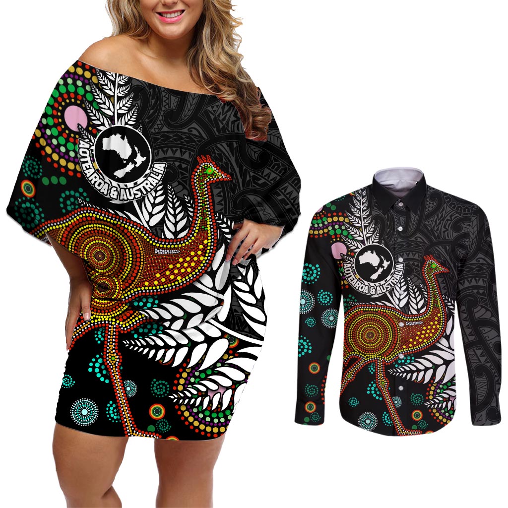 New Zealand Fern and Australia Emu Couples Matching Off Shoulder Short Dress and Long Sleeve Button Shirt Aboriginal Mix Maori Pattern
