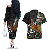 New Zealand Fern and Australia Emu Couples Matching Off The Shoulder Long Sleeve Dress and Hawaiian Shirt Aboriginal Mix Maori Pattern