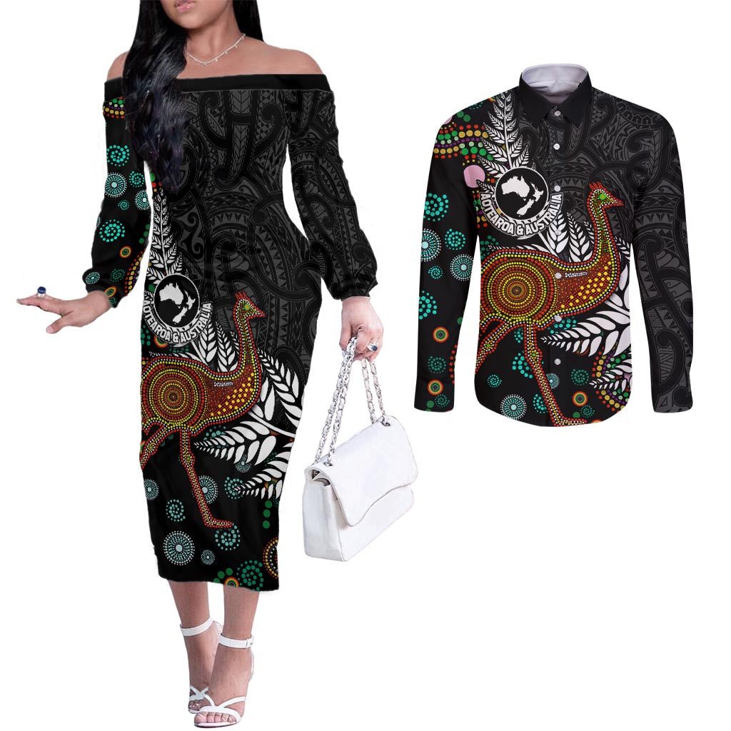 New Zealand Fern and Australia Emu Couples Matching Off The Shoulder Long Sleeve Dress and Long Sleeve Button Shirt Aboriginal Mix Maori Pattern