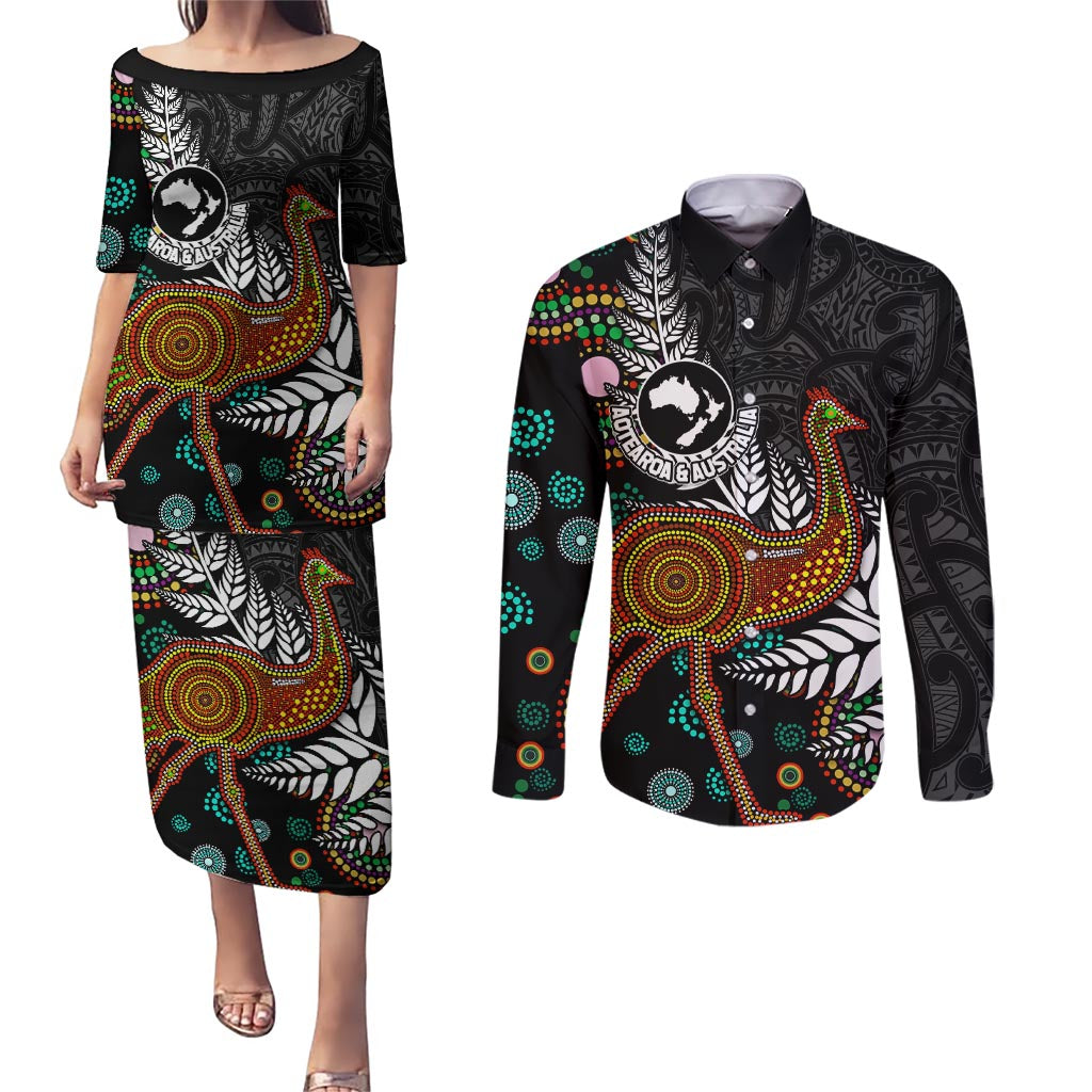 New Zealand Fern and Australia Emu Couples Matching Puletasi and Long Sleeve Button Shirt Aboriginal Mix Maori Pattern