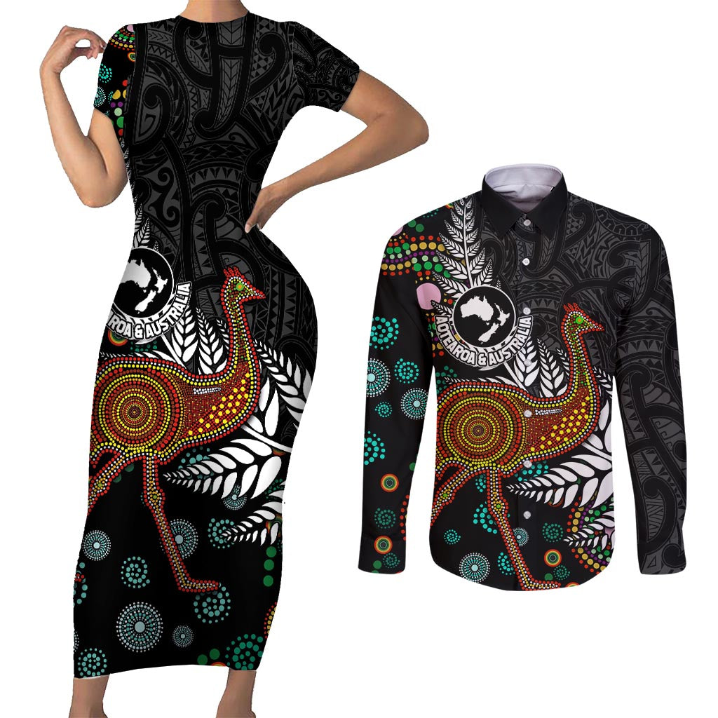 New Zealand Fern and Australia Emu Couples Matching Short Sleeve Bodycon Dress and Long Sleeve Button Shirt Aboriginal Mix Maori Pattern