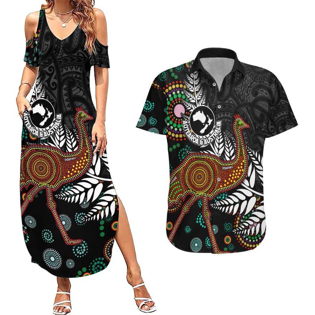 New Zealand Fern and Australia Emu Couples Matching Summer Maxi Dress and Hawaiian Shirt Aboriginal Mix Maori Pattern