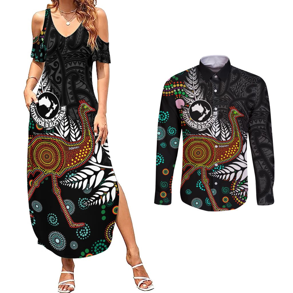 New Zealand Fern and Australia Emu Couples Matching Summer Maxi Dress and Long Sleeve Button Shirt Aboriginal Mix Maori Pattern