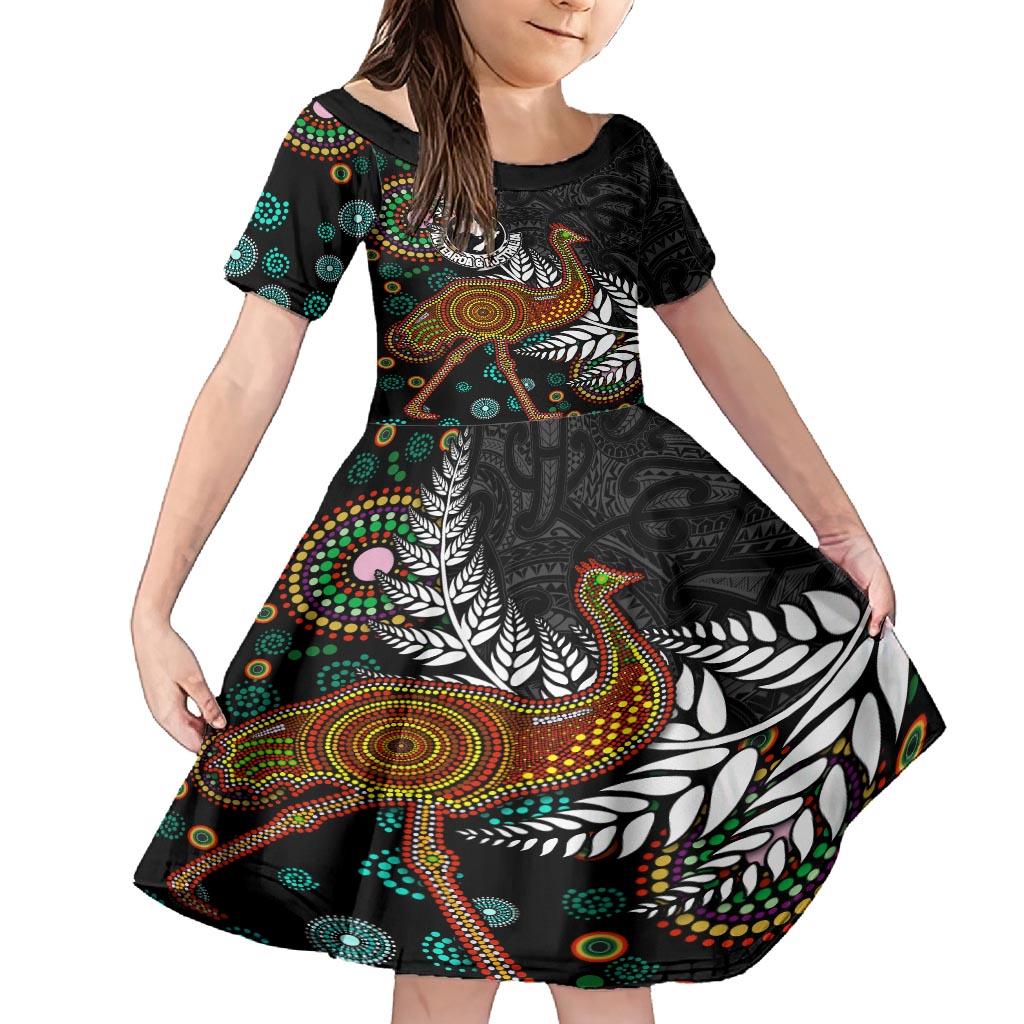 New Zealand Fern and Australia Emu Family Matching Long Sleeve Bodycon Dress and Hawaiian Shirt Aboriginal Mix Maori Pattern LT03 Daughter's Dress Blue - Polynesian Pride