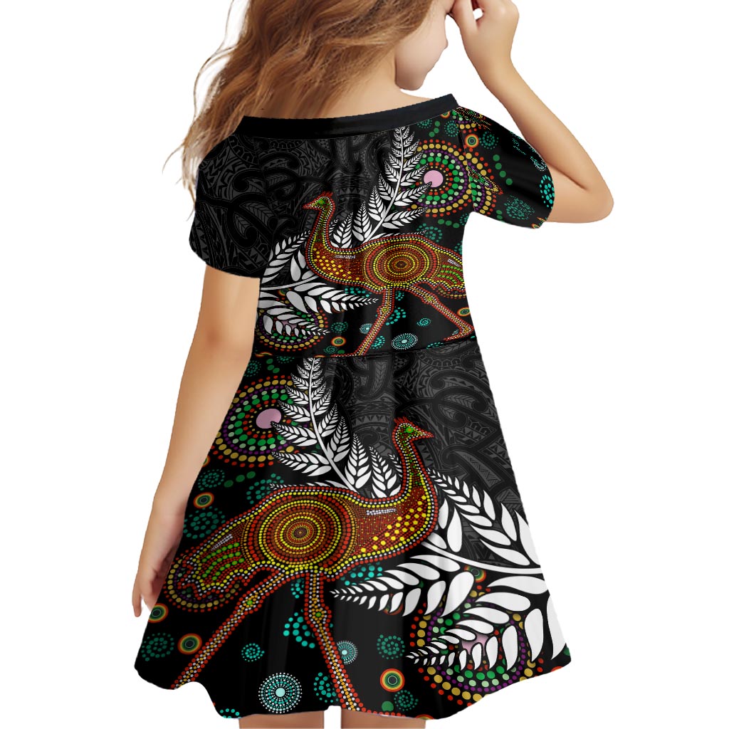 New Zealand Fern and Australia Emu Family Matching Long Sleeve Bodycon Dress and Hawaiian Shirt Aboriginal Mix Maori Pattern LT03 - Polynesian Pride