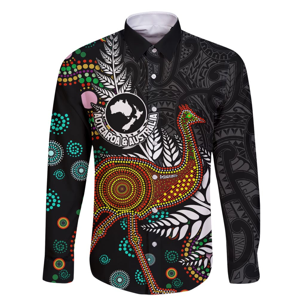 New Zealand Fern and Australia Emu Family Matching Long Sleeve Bodycon Dress and Hawaiian Shirt Aboriginal Mix Maori Pattern LT03 Dad's Shirt - Long Sleeve Blue - Polynesian Pride