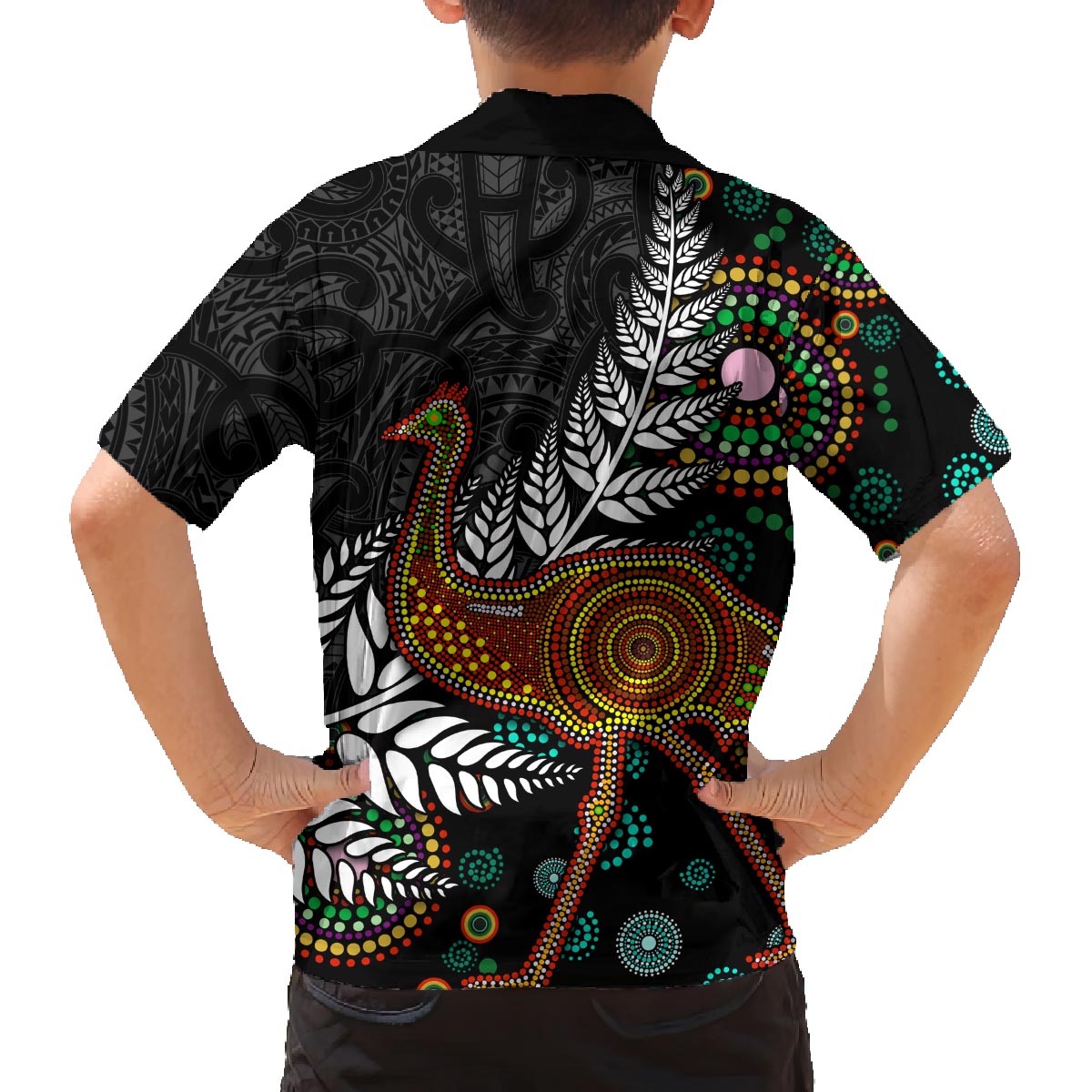 New Zealand Fern and Australia Emu Family Matching Off The Shoulder Long Sleeve Dress and Hawaiian Shirt Aboriginal Mix Maori Pattern LT03 - Polynesian Pride