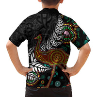 New Zealand Fern and Australia Emu Family Matching Off The Shoulder Long Sleeve Dress and Hawaiian Shirt Aboriginal Mix Maori Pattern LT03 - Polynesian Pride