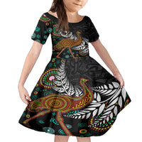 New Zealand Fern and Australia Emu Family Matching Off The Shoulder Long Sleeve Dress and Hawaiian Shirt Aboriginal Mix Maori Pattern LT03 Daughter's Dress Blue - Polynesian Pride