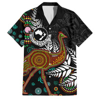 New Zealand Fern and Australia Emu Family Matching Off The Shoulder Long Sleeve Dress and Hawaiian Shirt Aboriginal Mix Maori Pattern LT03 Dad's Shirt - Short Sleeve Blue - Polynesian Pride