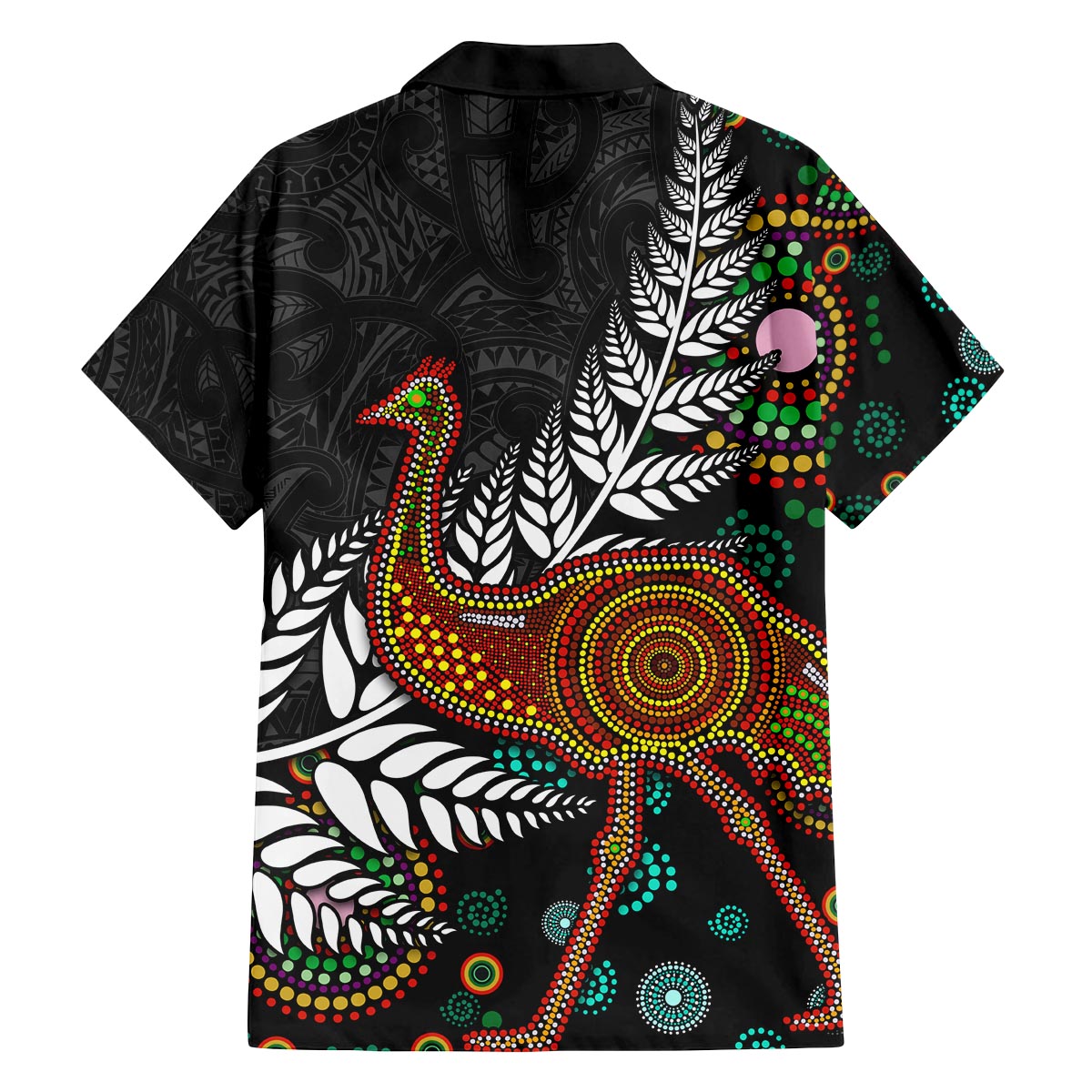 New Zealand Fern and Australia Emu Family Matching Off The Shoulder Long Sleeve Dress and Hawaiian Shirt Aboriginal Mix Maori Pattern LT03 - Polynesian Pride