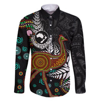 New Zealand Fern and Australia Emu Family Matching Off The Shoulder Long Sleeve Dress and Hawaiian Shirt Aboriginal Mix Maori Pattern LT03 Dad's Shirt - Long Sleeve Blue - Polynesian Pride