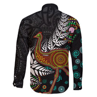 New Zealand Fern and Australia Emu Family Matching Off The Shoulder Long Sleeve Dress and Hawaiian Shirt Aboriginal Mix Maori Pattern LT03 - Polynesian Pride