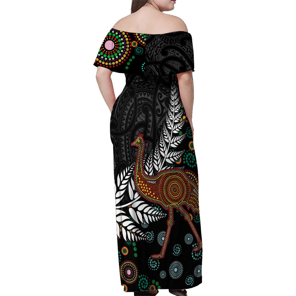 New Zealand Fern and Australia Emu Family Matching Off Shoulder Maxi Dress and Hawaiian Shirt Aboriginal Mix Maori Pattern