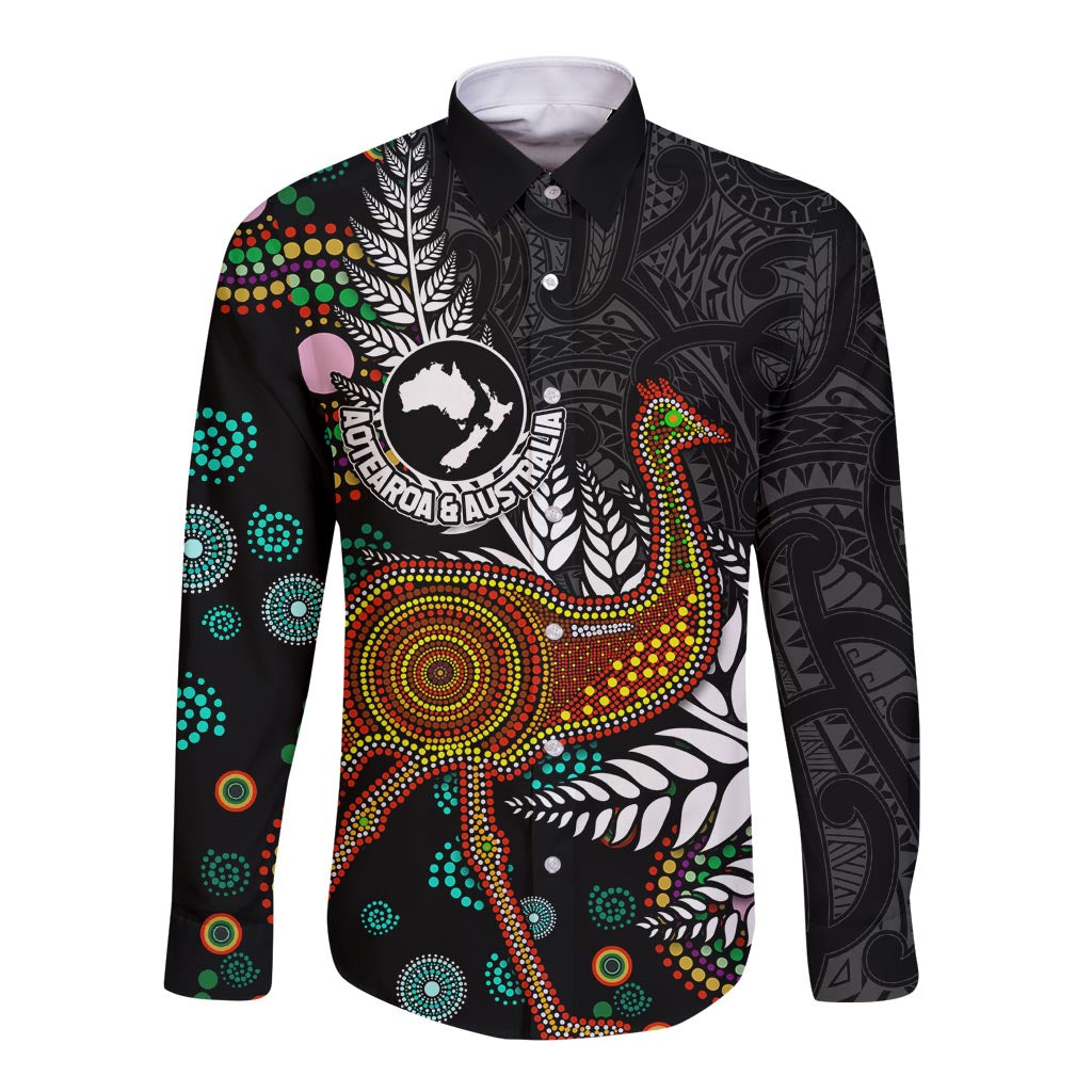New Zealand Fern and Australia Emu Long Sleeve Button Shirt Aboriginal Mix Maori Pattern LT03 Unisex Blue - Polynesian Pride