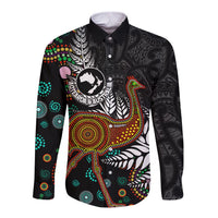 New Zealand Fern and Australia Emu Long Sleeve Button Shirt Aboriginal Mix Maori Pattern LT03 Unisex Blue - Polynesian Pride