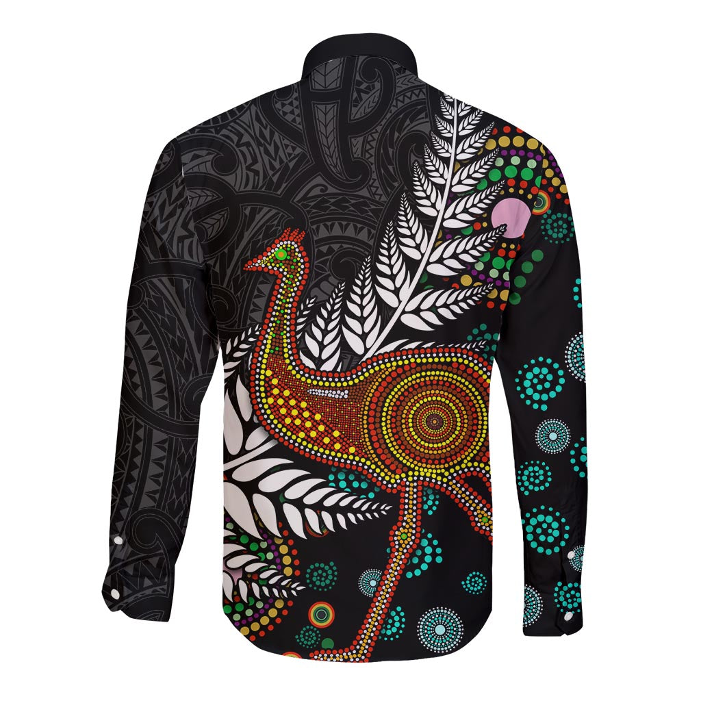 New Zealand Fern and Australia Emu Long Sleeve Button Shirt Aboriginal Mix Maori Pattern LT03 - Polynesian Pride