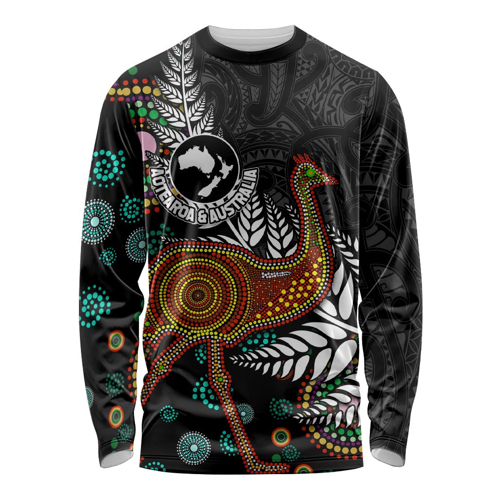 New Zealand Fern and Australia Emu Long Sleeve Shirt Aboriginal Mix Maori Pattern LT03 Unisex Blue - Polynesian Pride