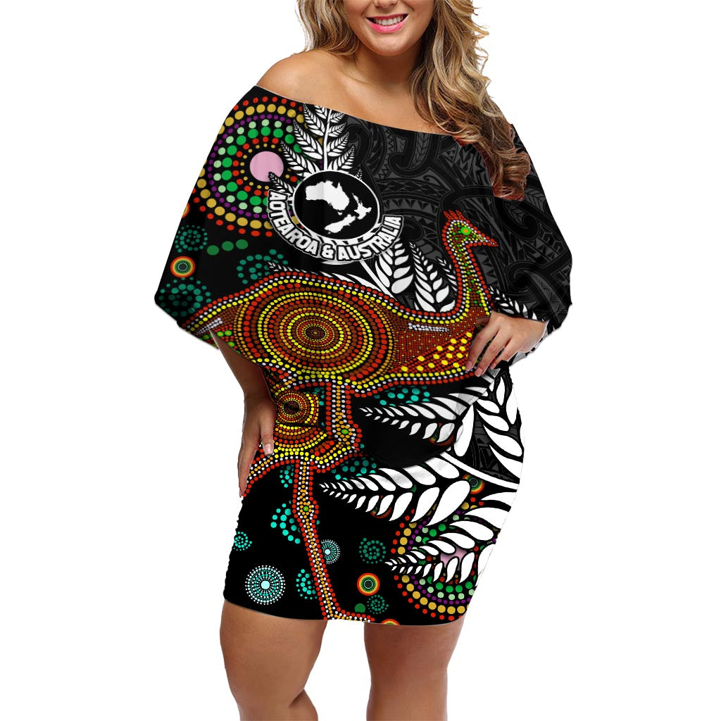 New Zealand Fern and Australia Emu Off Shoulder Short Dress Aboriginal Mix Maori Pattern LT03 Women Blue - Polynesian Pride