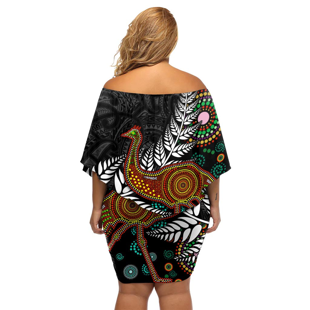 New Zealand Fern and Australia Emu Off Shoulder Short Dress Aboriginal Mix Maori Pattern LT03 - Polynesian Pride
