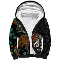 New Zealand Fern and Australia Emu Sherpa Hoodie Aboriginal Mix Maori Pattern