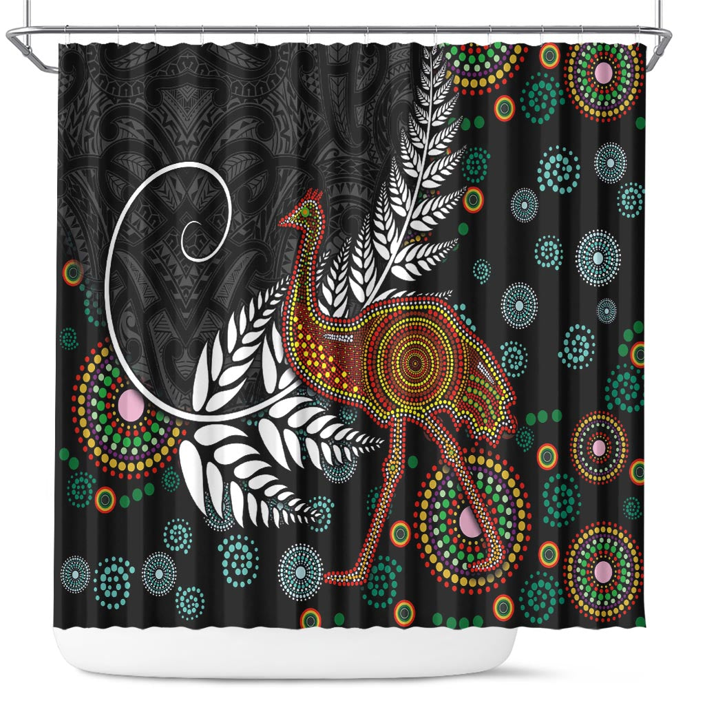 New Zealand Fern and Australia Emu Shower Curtain Aboriginal Mix Maori Pattern LT03 Blue - Polynesian Pride