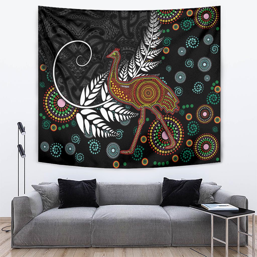 New Zealand Fern and Australia Emu Tapestry Aboriginal Mix Maori Pattern LT03 Blue - Polynesian Pride