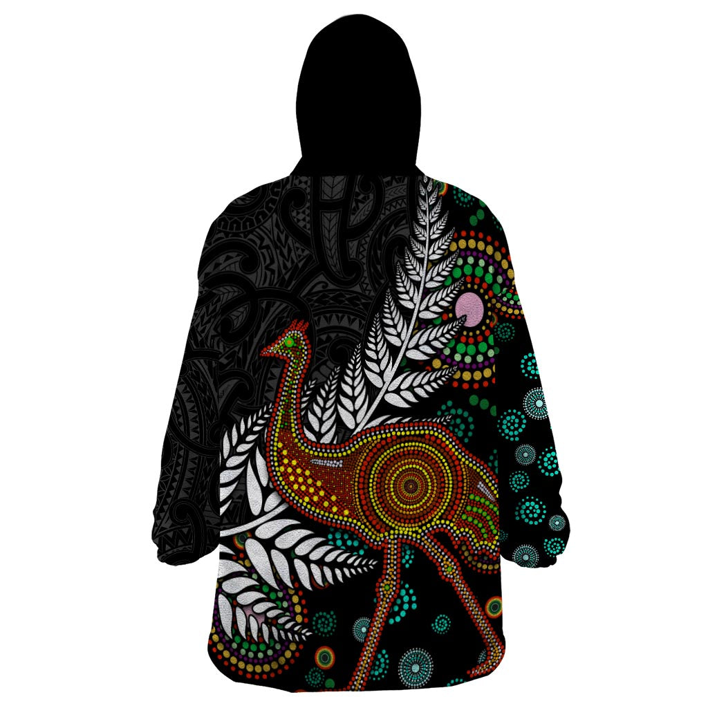 New Zealand Fern and Australia Emu Wearable Blanket Hoodie Aboriginal Mix Maori Pattern