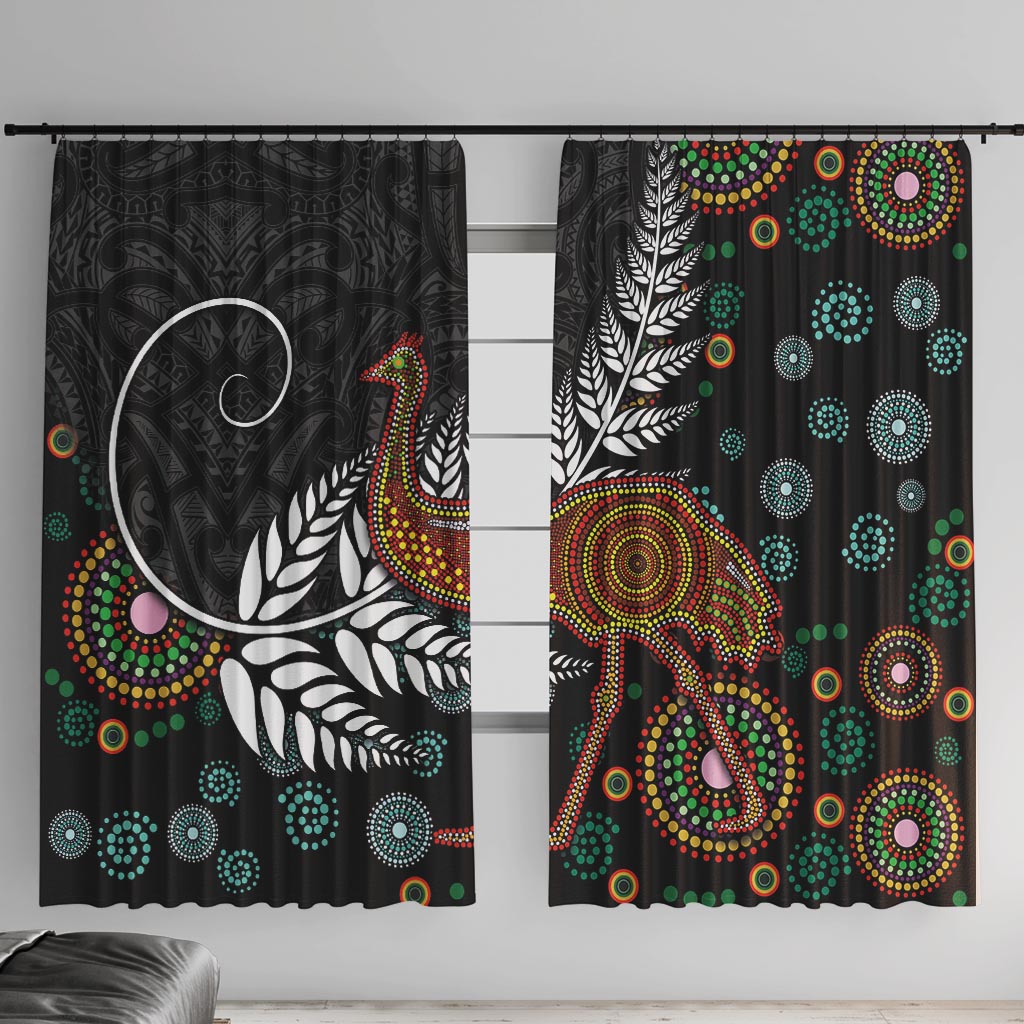 New Zealand Fern and Australia Emu Window Curtain Aboriginal Mix Maori Pattern LT03 With Hooks Blue - Polynesian Pride