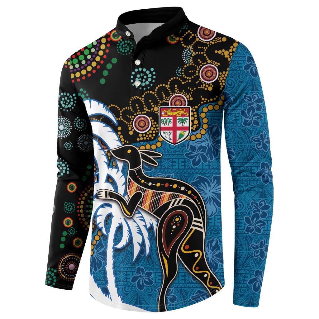 Fiji Palm Tree and Australia Kangaroo Button Sweatshirt Aboriginal Mix Tapa Pattern