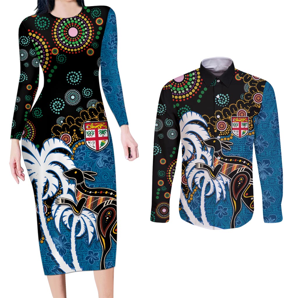 Fiji Palm Tree and Australia Kangaroo Couples Matching Long Sleeve Bodycon Dress and Long Sleeve Button Shirt Aboriginal Mix Tapa Pattern
