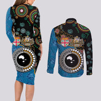 Fiji Palm Tree and Australia Kangaroo Couples Matching Long Sleeve Bodycon Dress and Long Sleeve Button Shirt Aboriginal Mix Tapa Pattern