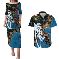 Fiji Palm Tree and Australia Kangaroo Couples Matching Puletasi and Hawaiian Shirt Aboriginal Mix Tapa Pattern