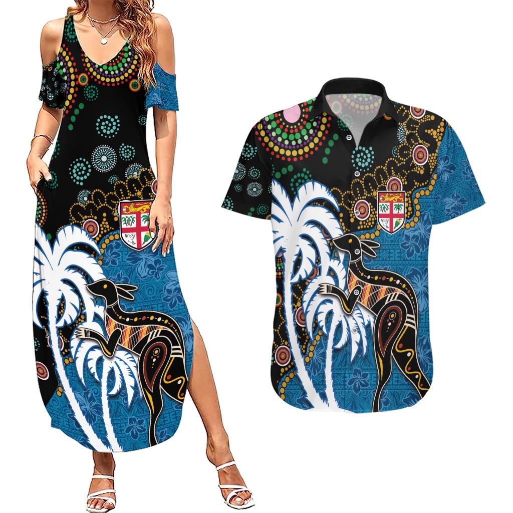 Fiji Palm Tree and Australia Kangaroo Couples Matching Summer Maxi Dress and Hawaiian Shirt Aboriginal Mix Tapa Pattern
