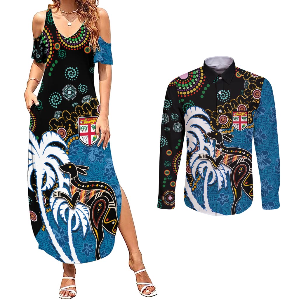 Fiji Palm Tree and Australia Kangaroo Couples Matching Summer Maxi Dress and Long Sleeve Button Shirt Aboriginal Mix Tapa Pattern