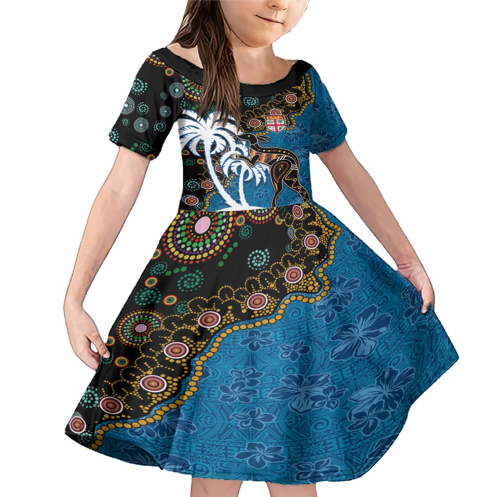 Fiji Palm Tree and Australia Kangaroo Family Matching Mermaid Dress and Hawaiian Shirt Aboriginal Mix Tapa Pattern