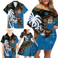 Fiji Palm Tree and Australia Kangaroo Family Matching Off Shoulder Short Dress and Hawaiian Shirt Aboriginal Mix Tapa Pattern