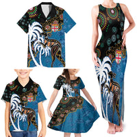 Fiji Palm Tree and Australia Kangaroo Family Matching Tank Maxi Dress and Hawaiian Shirt Aboriginal Mix Tapa Pattern