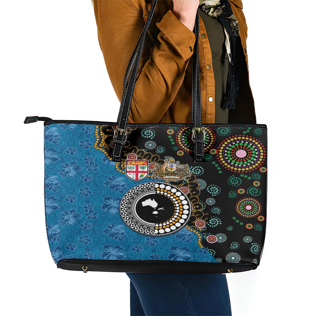 Fiji Palm Tree and Australia Kangaroo Leather Tote Bag Aboriginal Mix Tapa Pattern