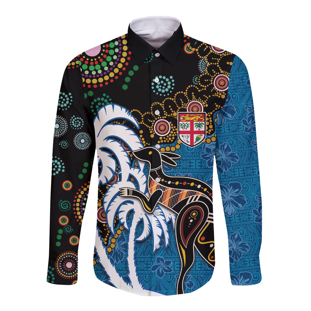 Fiji Palm Tree and Australia Kangaroo Long Sleeve Button Shirt Aboriginal Mix Tapa Pattern