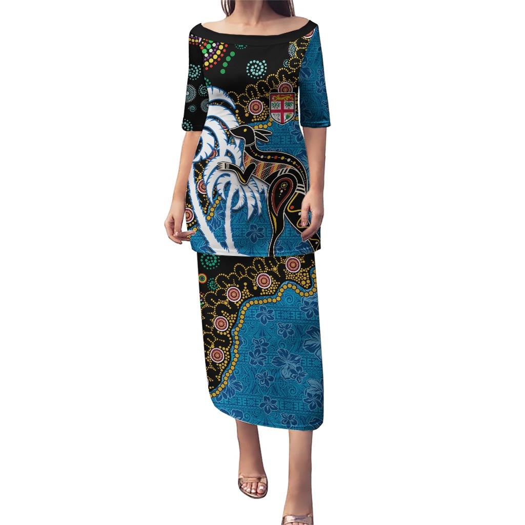 Fiji Palm Tree and Australia Kangaroo Puletasi Aboriginal Mix Tapa Pattern